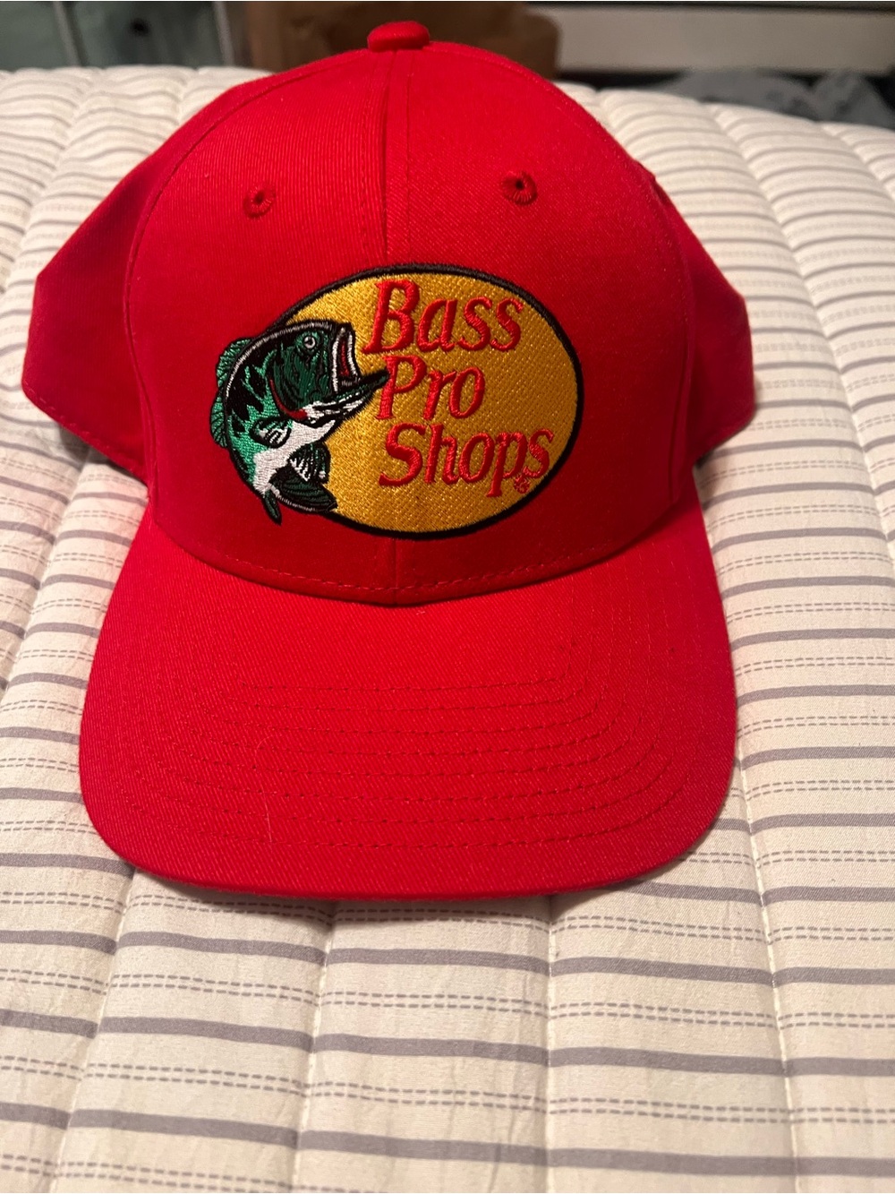 Bass Pro Shops Red Cap with Yellow Logo and Green Fish Patch